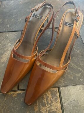 Stuart Weitzman Cognac Patent Pointed-Toe Slingback Heels Size 7